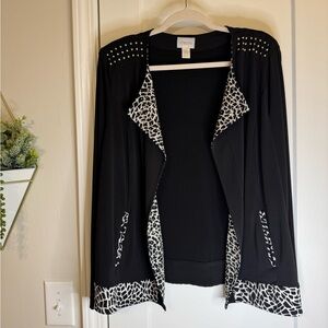 Chico’s Black Open Front Cardigan with Animal Print Accents